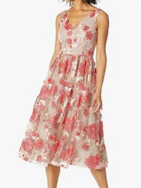 NWT Calvin Klein Red Embroidered Floral Mesh Midi Dress 12